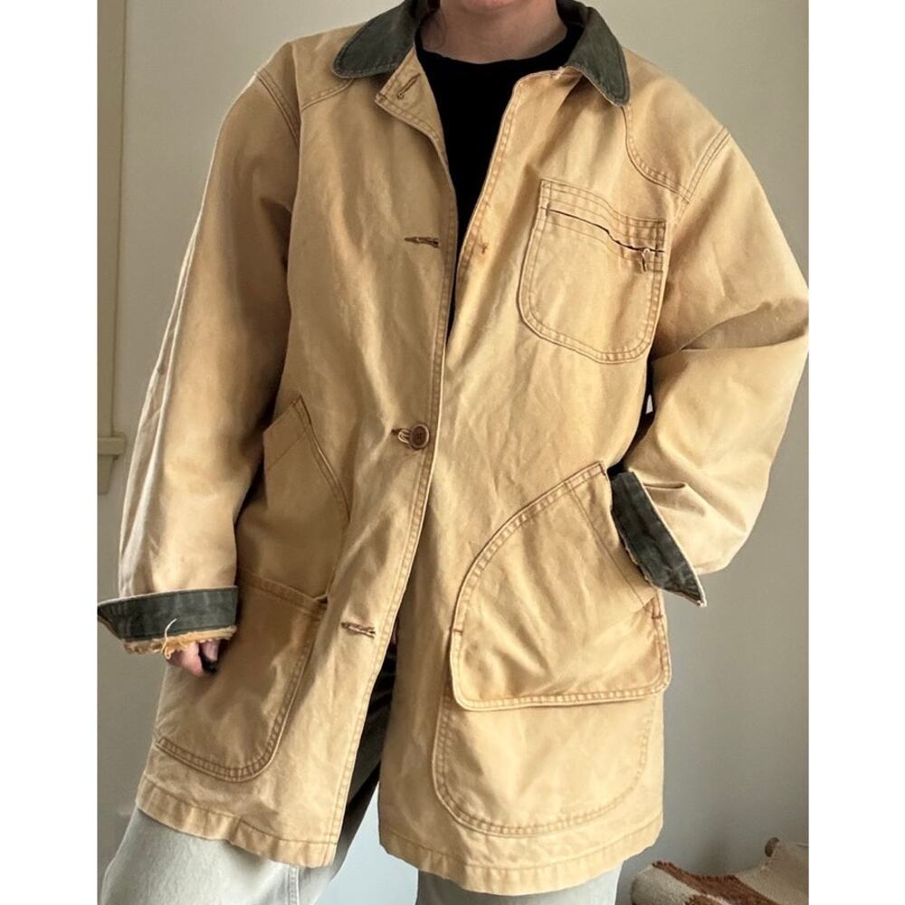 Vintage L.L. Bean Tan Canvas Jacket with Olive Collar